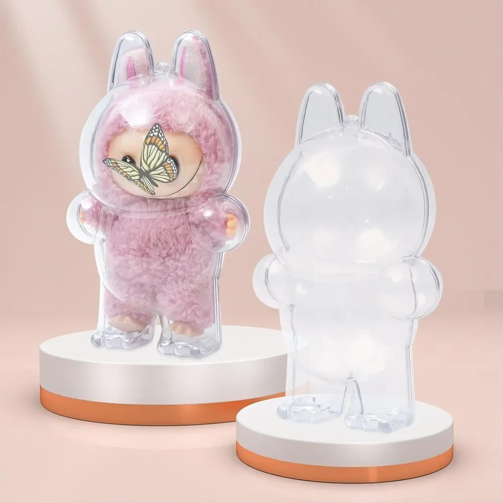 2PCS Clear Labubu Case Plastic Protective Cover with Keychain Doll Not Included